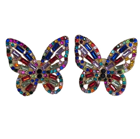 Multicolor Crystal Embellished Cut Out Gold Butterfly Earrings Fashion Jewelry - Picture 5 of 7